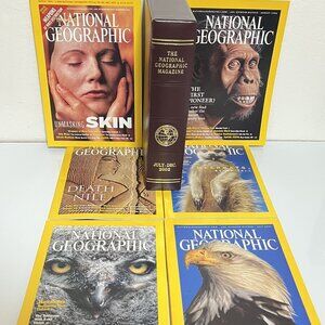 NAT'L GEOGRAPHIC MAGAZINE Jul-Dec 2002 LOT OF 6 w/FAUX LEATHER SLIP CASE/LikeNew